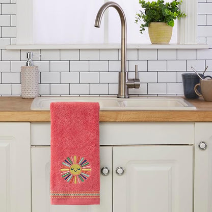 SKL Home Colorful Sun Hand Towel Set-2pc, 100% Cotton, Embroidered, Coral | Soft, decorative velour for summer fun & everyday decor. For use in the bathroom, kitchen or bar.