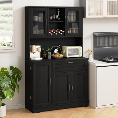 Shintenchi 68" Kitchen Pantry Storage Cabinet, with Microwave Stand, Black | Freestanding Buffet Cabinet, with 3 Door Shelves, Kitchen Hutch with Doors, Adjustable Shelves and Wine Rack