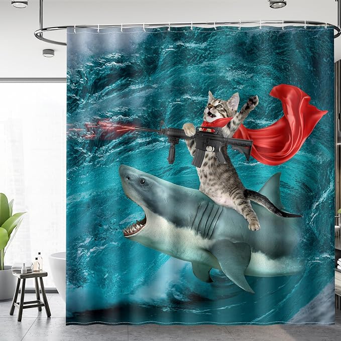 Aimego Funny Shark Cat Shower Curtain - Cute Cat Riding Shark in Ocean Fun Shower Curtains Set with 12 Hooks for Adults Bathroom Decor Accessories, 72"x72", Blue Red