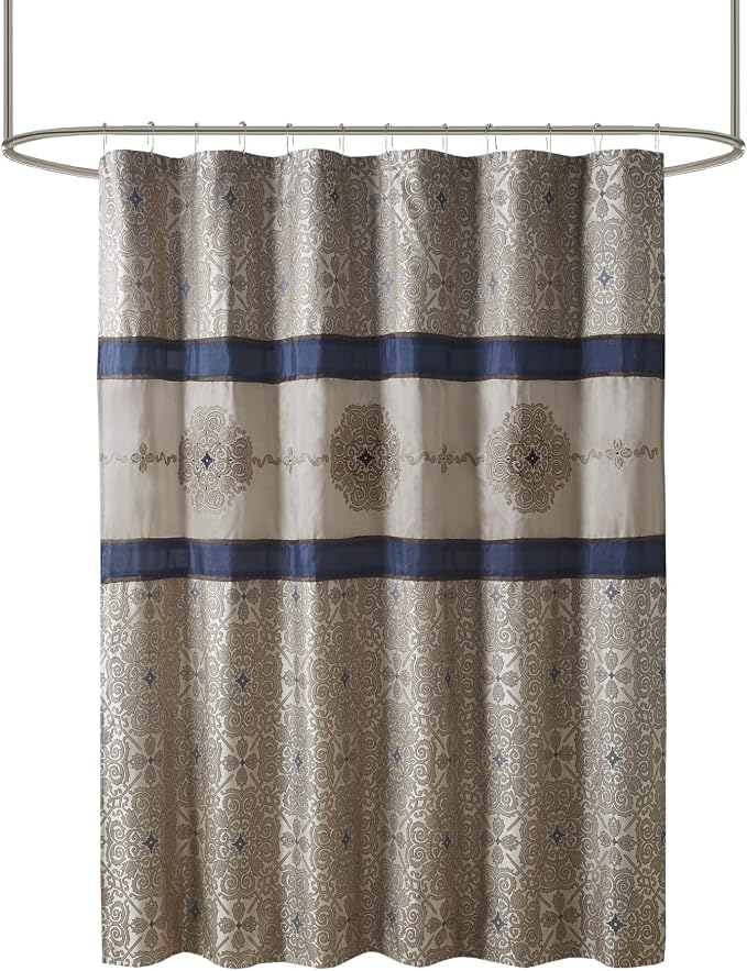 Madison Park Embroidered Jacquard Traditional Shower Curtain, 72"x72", Navy | Weave Design, Traditional Bathroom Décor, Machine Washable, Fabric Privacy Screen