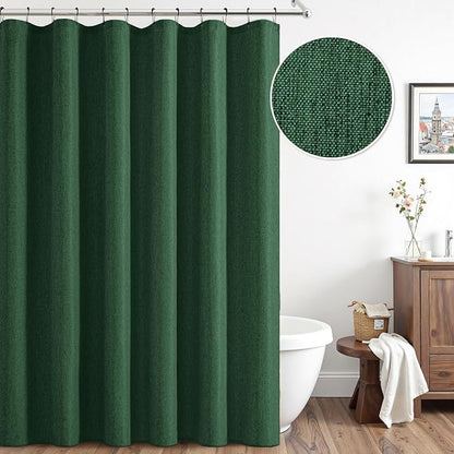 ANRODUO Dark Green Extra Long Linen Fabric Shower Curtain Set - W72xL108 | Farmhouse Shower Curtain with 12 Metal Hooks, Waterproof Heavy Duty, Button Hole Design, Machine Washable for Bathroom