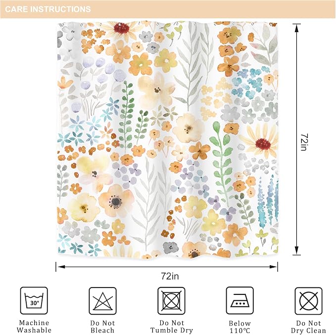 Yellow Cute Floral Flowers Colorful Plants Art Bathroom Shower Curtain Set | 72"W x 72"H Leaves Spring; waterproof HD print, quick-dry fabric with 12 hooks for easy hanging.