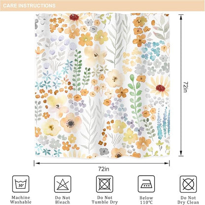 Yellow Cute Floral Flowers Colorful Plants Art Bathroom Shower Curtain Set | 72"W x 72"H Leaves Spring; waterproof HD print, quick-dry fabric with 12 hooks for easy hanging.