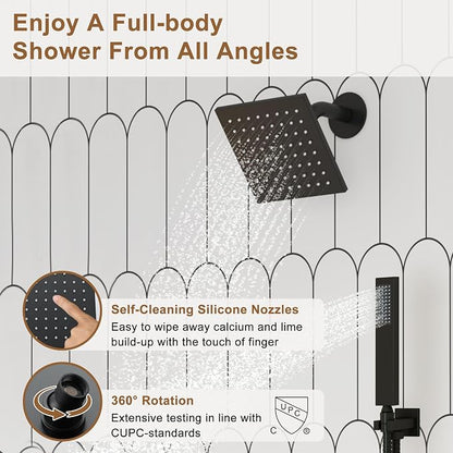 CASAINC Thermostatic Shower System 12" Ceiling-Mounted Rain Shower Head with 6" Shower Head, Smart Shower System with Handheld Spray, LED Light & Music, Water Temperature Display (Matte Black)