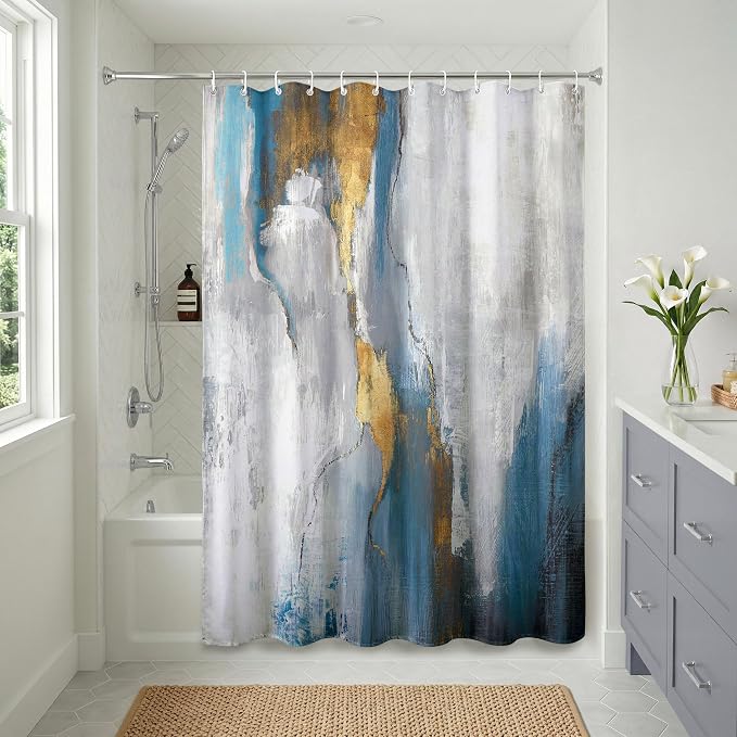 Americanflat 71x74 Marbled Texture Shower Curtain - Water-Resistant Long Shower Curtain with Durable Metal Grommets and 12 Hooks - 100% Polyester - Slate Blue, Warm Gold, Grey and White