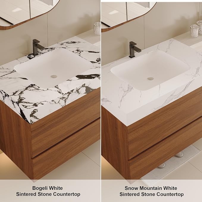 KEIKI 29.9" Bathroom Vanity with Undermount Sink Combo, Modern Floating Vanity Cabinet with 2 Drawers, Storage Wall Mounted Cabinet for Small Space, Walnut Marbe