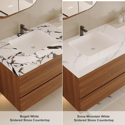 KEIKI 29.9" Bathroom Vanity with Undermount Sink Combo, Modern Floating Vanity Cabinet with 2 Drawers, Storage Wall Mounted Cabinet for Small Space, Walnut Marbe