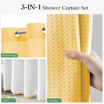 Gold Hook Free Waffle Shower Curtain & Snap-in Fabric Liner,72x87 | Less Time to install, 3 in 1 Fabric Shower Curtain and Liner Set with Magnets, Extra Long, Shower Curtains for Bathroom
