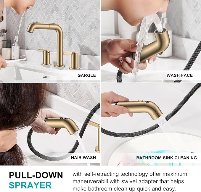 Champagne Bronze Pull Down Widespread Bathroom Faucet 3 Hole 2 Handle | Pull Out Bathroom Faucet with Pop Up Drain & Supply Lines, Lead-Free cUPC & NSF Certified, 8 Inch Faucet for Vanity RV Sink