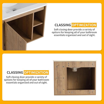 24 Inch Bathroom Vanity with Sink, Imitative Oak Modern Wall Mount Floating Vanity Set with Soft-Closing Door and Ceramic Basin, Contemporary Styling for Elegant Bathrooms