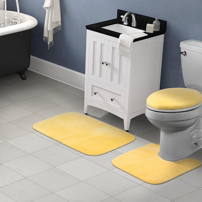 Garland Rug Traditional Nylon Washable Rubber Ducky Yellow 3 Piece Set - Lid, Contour, Bath Rug - Soft, Absorbent, and Stylish for Your Bathroom