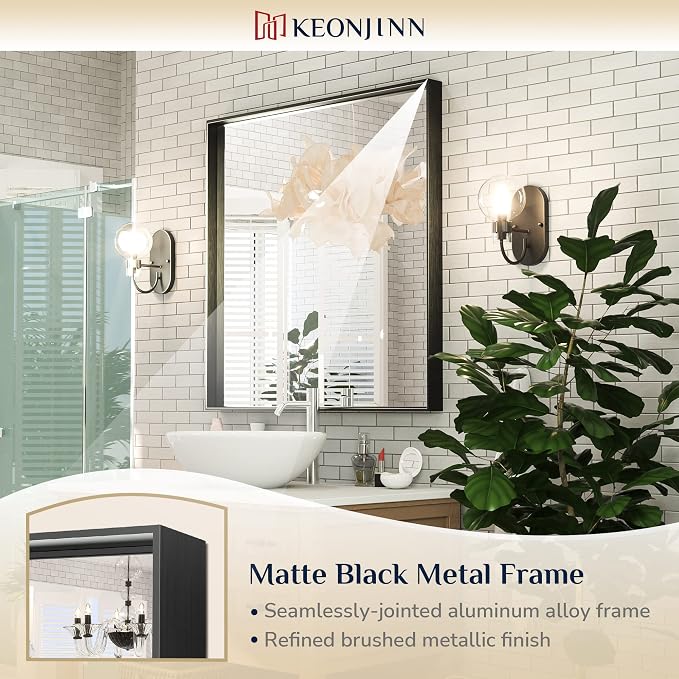 Keonjinn 30x30 Inch Matte Black Bathroom Mirror for Over Sink, Square | HD Tempered Glass, Vanity Mirror, Brushed Framed, Square Corner, Modern Farmhouse, Wall Mounted Mirrors, Aluminum Alloy