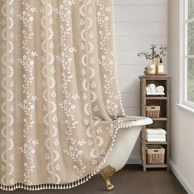 Vintage Boho Beige Shower Curtain, Floral Linen Patterned Shower Curtains for Bathroom with Tassels, 72 x 72