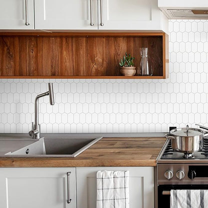 The Tiles Plaza 10-Sheet Peel and Stick Backsplash, 12" x 11.5" White Long Hexagon Self-Adhesive Wall Tile, Stone Composite Stick On Decorative Mosaic Tile for Kitchen Bathroom Fireplace