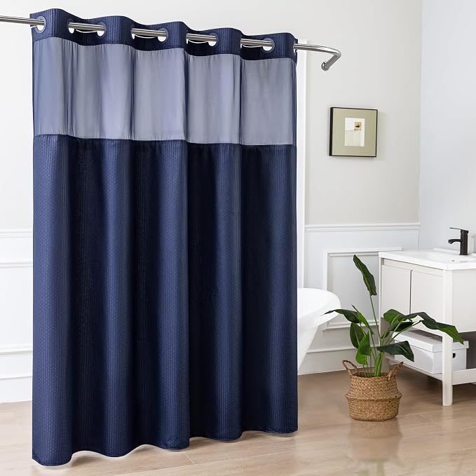 No Hook Navy Shower Curtain with Snap-in Fabric Liner 71x74 | Embossed Waffle-Look Textured, Sheer Window, Soft & Lightweight, Water Repellent Blue Fabric Shower Curtain for Bathroom