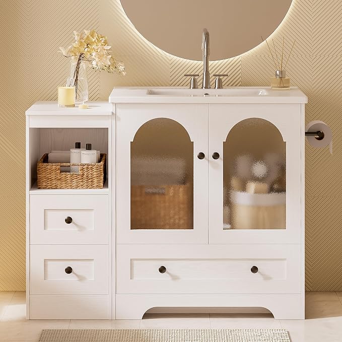 IRONCK 42 Inch Bathroom Vanity with Sink Set, Reversible Design, White | Modern Bathroom Storage Cabinet with 3 Drawers, 2 Visual Soft Close Doors, Open Cubby, Towel Holder