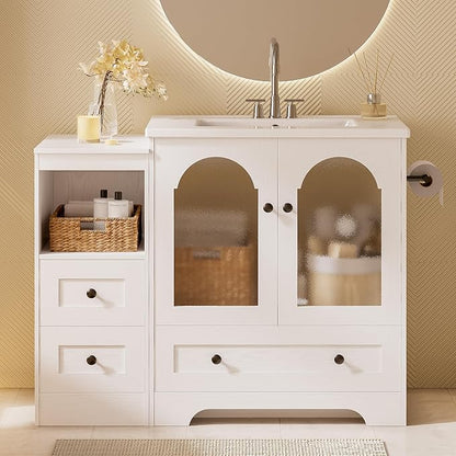 IRONCK 42 Inch Bathroom Vanity with Sink Set, Reversible Design, White | Modern Bathroom Storage Cabinet with 3 Drawers, 2 Visual Soft Close Doors, Open Cubby, Towel Holder