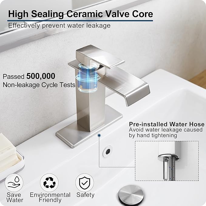 Brass Brushed Nickel Waterfall Faucet, Single Handle Bathroom Faucet, 4 Inch - 1 or 3 Hole with Deck Plate & Pop-Up Drain