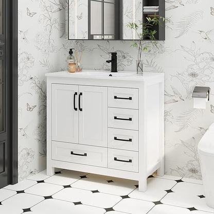 eclife 36" Bathroom Vanities with Sink Combo, Modern Thickened Wood Bathroom Storage Cabinet w/Undermount Sink, Matte Black Faucet Drain, Painted Surface, White