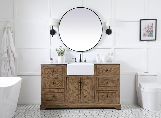 60" Pre-Assembled Bathroom Vanity with Sink, Solid Birch and MDF, Carrara White Marble Countertop Attached, Single Rectangle Porcelain Sink, 6 Soft-Close Drawers, Driftwood
