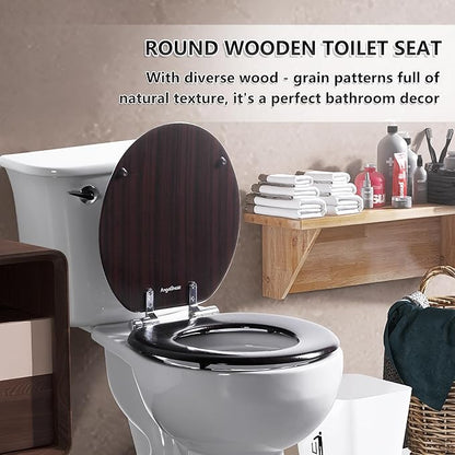 Round Toilet Seat Molded Wood Toilet Seat with Quietly Close and Quick Release Hinges, Easy to Install also Easy to Clean by Angol Shiold (Round, Dark Brown)