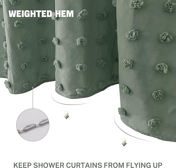 Green Boho Shower Curtain Woven Fabric Cute Shower Curtain, 72 x 72 Tufted Pleat Floral Puffs Textured Modern Farmhouse Minimalist Shower Curtain Set with Hooks for Bathroom