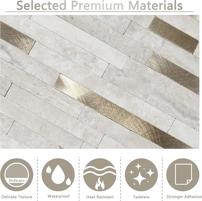 Peel and Stick Backsplash for Kitchen, Self-Adhesive Metal Gold Beige Marble Subway Tiles Decorate Kitchens Bathrooms Laundry Fireplaces, 10-Sheets