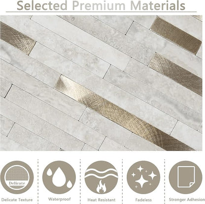 Peel and Stick Backsplash for Kitchen, Self-Adhesive Metal Gold Beige Marble Subway Tiles Decorate Kitchens Bathrooms Laundry Fireplaces, 10-Sheets
