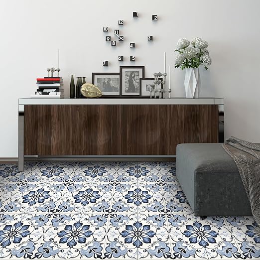 Blue Floral Scrollwork Peel and Stick Floor Tiles 12x12 Inch 10PCS | Blue and white floral scrollwork pattern vinyl floor stickers for kitchen bathroom entryway and indoor home decor