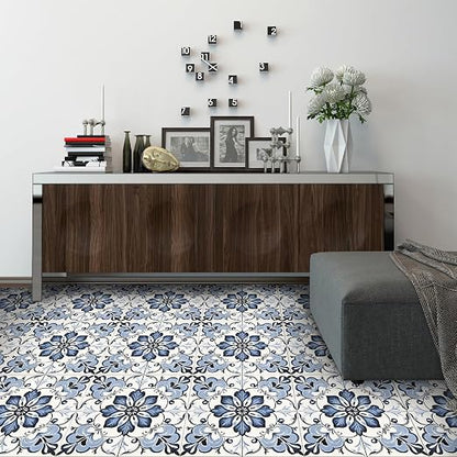 Blue Floral Scrollwork Peel and Stick Floor Tiles 12x12 Inch 10PCS | Blue and white floral scrollwork pattern vinyl floor stickers for kitchen bathroom entryway and indoor home decor