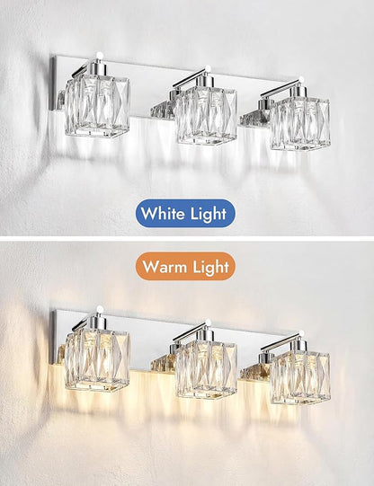 VOLISUN Chrome Bathroom Light Fixtures, Modern Stainless Steel Bathroom Lighting Fixtures Over Mirror, 3 Light Bathrooms Vanity Light, Crystal Vanity Light for Bathrooms-UL Certificated(Exclude Bulb)