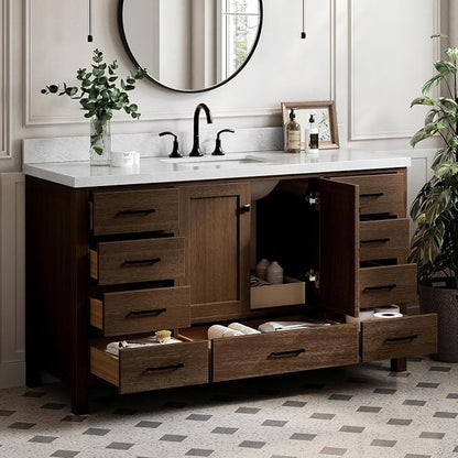 ARIEL Cambridge 60-inch Bathroom Vanity with Sink,Solid Wood, 1.5-inch Italian Carrara Marble Countertop, Single Rectangular Porcelain Sink, 2 Soft Closing Doors, 9 Dovetail Drawers, Brown Oak