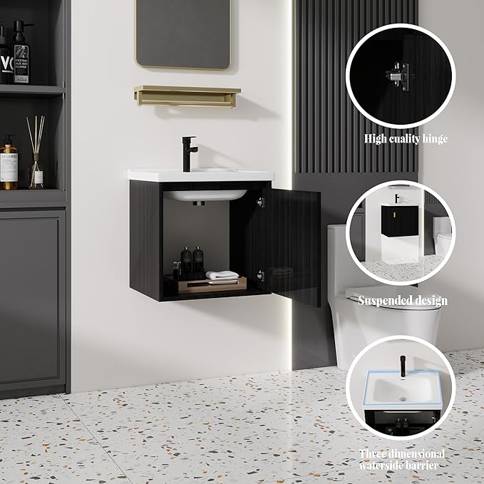 20'' Bathroom Vanity with Ceramic Sink Combo, Wall Mounted Small Bathroom Vanity with Soft-Close Door Modern Floating Cabinet, Pop-up Drain, P-Trap Included, Black(No Faucet)
