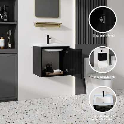 20'' Bathroom Vanity with Ceramic Sink Combo, Wall Mounted Small Bathroom Vanity with Soft-Close Door Modern Floating Cabinet, Pop-up Drain, P-Trap Included, Black(No Faucet)