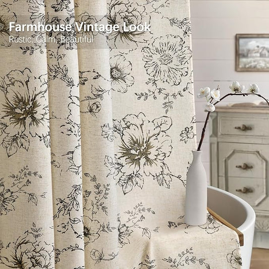 Farmhouse Floral Linen Shower Curtain, Vintage Black Pattern Rustic Shower Curtains for Bathroom, Tan Taupe,60x72