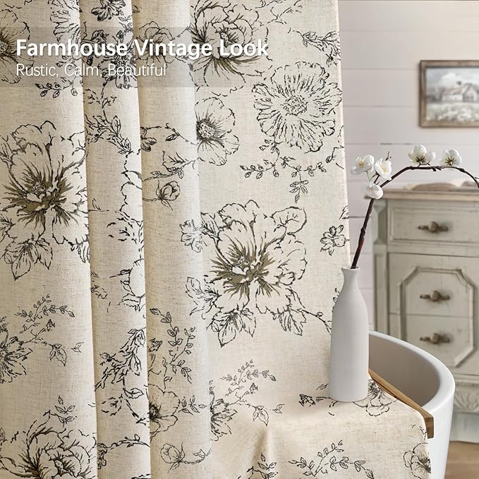 Farmhouse Floral Linen Shower Curtain, Vintage Black Pattern Rustic Shower Curtains for Bathroom, Tan Taupe,72x78