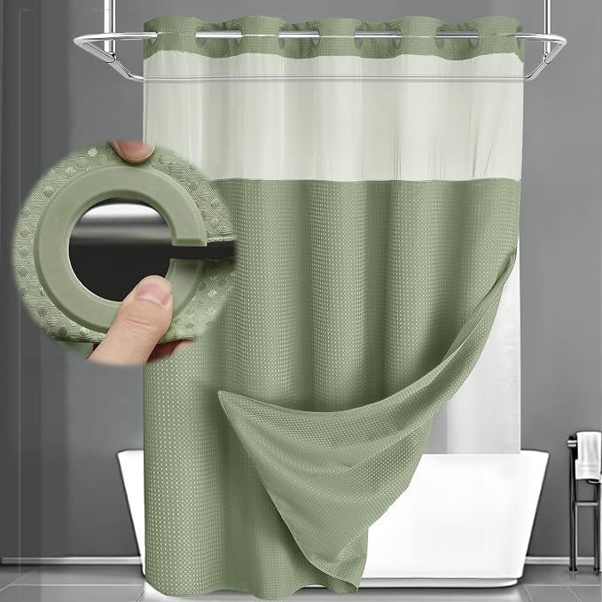 No Hook Shower Curtain and Liner Set,Sage Green Hotel Waffle Shower Curtain with Liner 81" L x 72" W