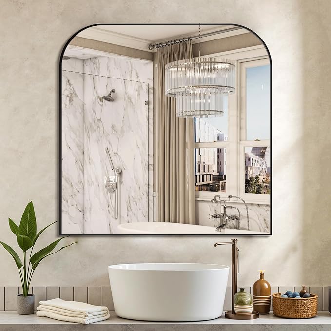 30"x30" Black Metal Framed Bathroom Mirror for Over Sink | Rounded rectangle shape. Shatterproof HD glass, all mounting hardware for bathroom, bedroom, entryway.