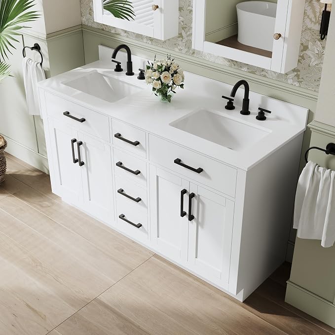 60-Inch Bathroom Vanity with Double Sinks W/ 4 Doors & 4 Drawers & 2 Flip Drawers, White Vanity W/Matte Black Handles
