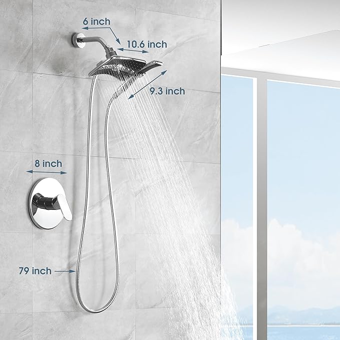 BRIGHT SHOWERS Dual Shower Head System with Handheld and Rainfall Shower, Shower Faucet Set with Valve and Trim Kit, Includes 79-Inch Stainless Steel Hose, Chrome