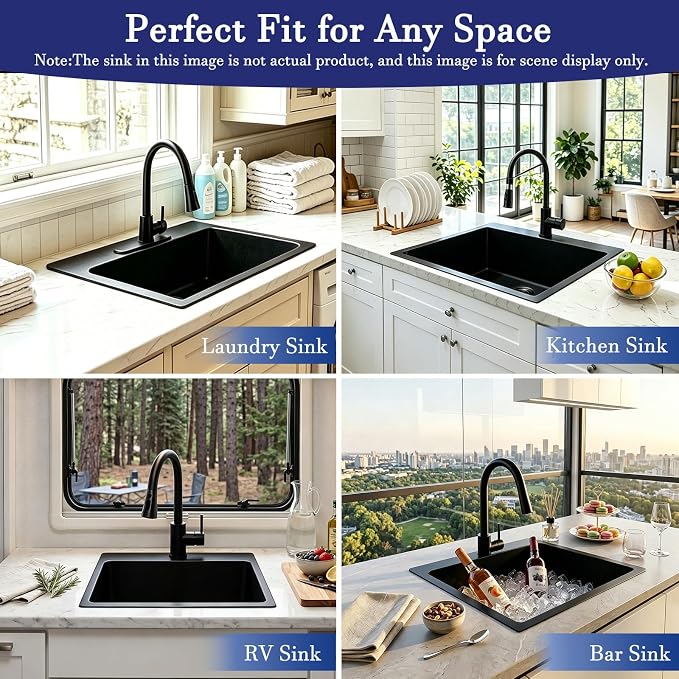 VAPSINT 25 x 22 Inch Black Drop In Kitchen Sink, 25 Inch Top Mount 16 Gauge Extra-Thick Stainless Steel Single Bowl Deep Small Kitchen Sink, RV Laundry Utility Sinks with Basket Strainer