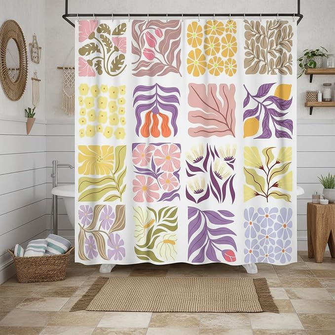 JAWO Cute Boho Floral Shower Curtain, Vintage Colorful Abstract Floral Retro Aesthetic Plant Shower Curtain for Bathroom, Funky Unique Purple Waterproof Fabric Polyester Bath Curtains Decor,60Wx70H