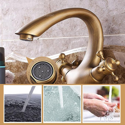 Vintage Brass Bathroom Faucet with Double Cross Handles Single Hole Mixer for Hot and Cold Water Retro Gold Vanity Tap for Bathroom Sink，Cromo