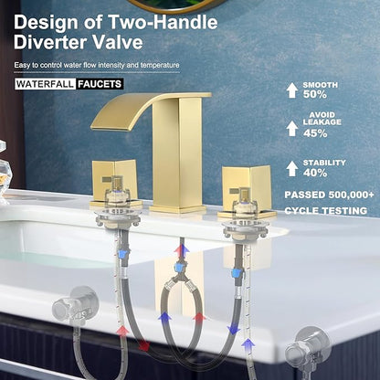 Bathroom Faucets 3 Hole, Brushed Gold 8 inch Widespread Bathroom Sink Faucet, Modern Square Metal 2 Handles Waterfall Bathroom Vanity Faucet 3 Hole with Pop Up Drain, Gold Faucets