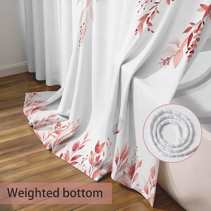 Pink Floral Eucalyptus Shower Curtain with Hooks, 72x72 Inch | Waterproof Fabric, Watercolor Leaves and Floral, Botanical Style, Machine Washable, Quick-Drying, for Hotel Bathroom