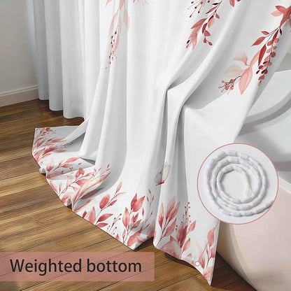 Pink Floral Eucalyptus Shower Curtain with Hooks, 72x72 Inch | Waterproof Fabric, Watercolor Leaves and Floral, Botanical Style, Machine Washable, Quick-Drying, for Hotel Bathroom