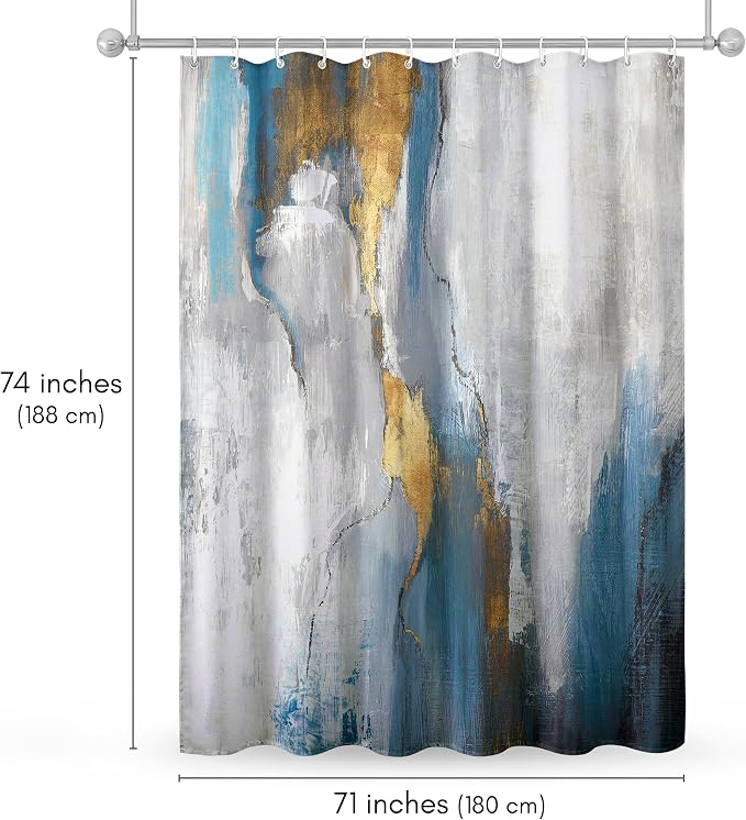 Americanflat 71x74 Marbled Texture Shower Curtain - Water-Resistant Long Shower Curtain with Durable Metal Grommets and 12 Hooks - 100% Polyester - Slate Blue, Warm Gold, Grey and White