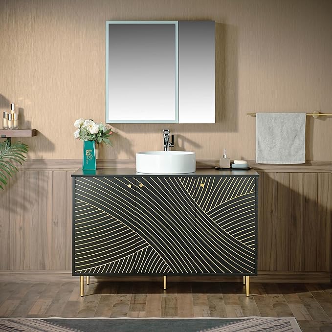 Woodbridge 48" Modern Bathroom Vanity with Round Ceramic Vessel Sinks & Black Engineered Stone Top, Matte Black Lacquer Finish and Gold Accents, Slim Frame Design, and Sleek Space-Saving Profile