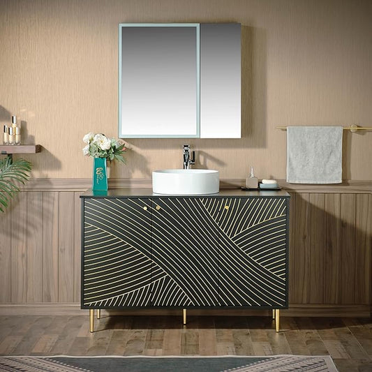 Woodbridge 48" Modern Bathroom Vanity with Round Ceramic Vessel Sinks & Black Engineered Stone Top, Matte Black Lacquer Finish and Gold Accents, Slim Frame Design, and Sleek Space-Saving Profile
