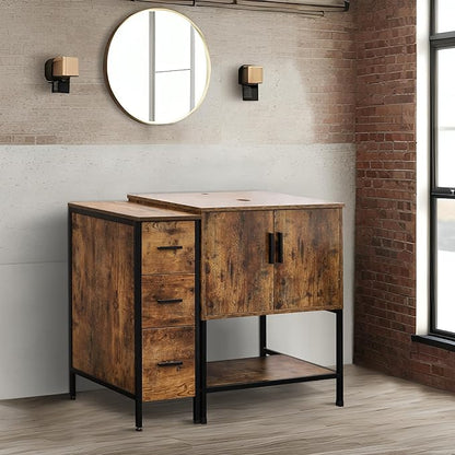UEV 42" Rustic Brwon Bathroom Vanity with Sink Combo,Industrial Iron Frame Bathroom Cabinet Sets with 3 Drawers Side Cabinet(Without Sink Combo)